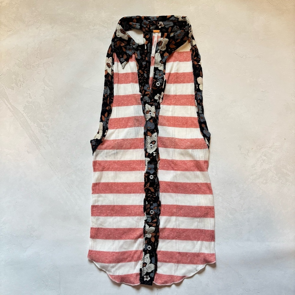 Free People Striped Halter Tank Top with Floral trim and Collar, XS, festival